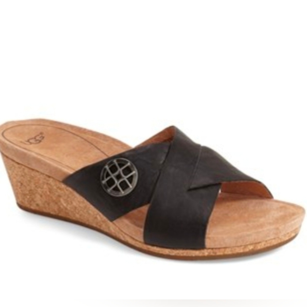 UGG Lyra Cross Cork Wedge Black Leather Sandals Size 8